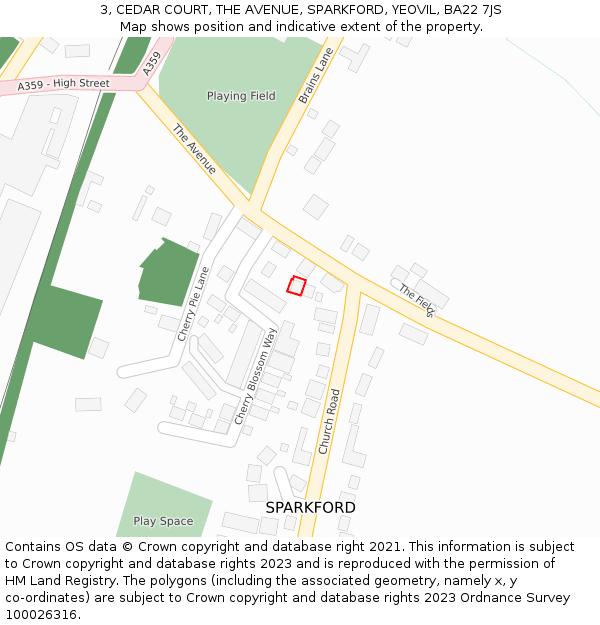 3, CEDAR COURT, THE AVENUE, SPARKFORD, YEOVIL, BA22 7JS: Location map and indicative extent of plot
