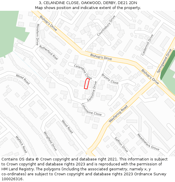 3, CELANDINE CLOSE, OAKWOOD, DERBY, DE21 2DN: Location map and indicative extent of plot