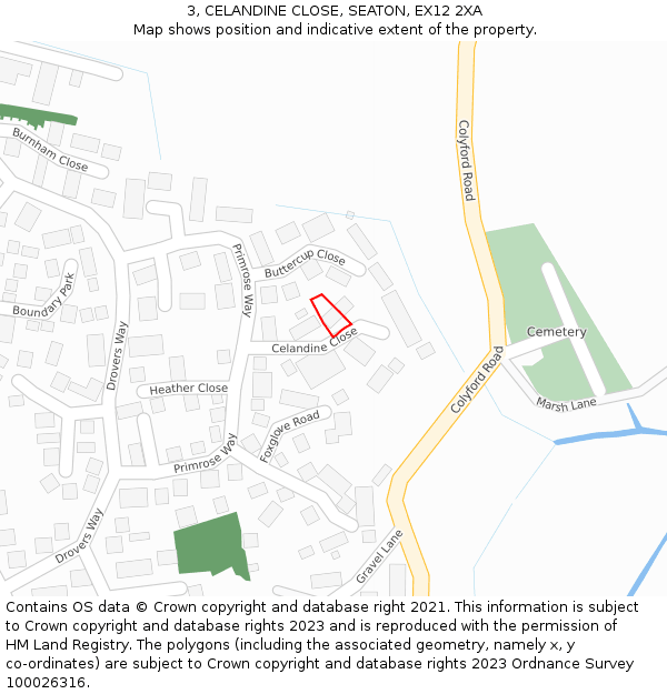 3, CELANDINE CLOSE, SEATON, EX12 2XA: Location map and indicative extent of plot