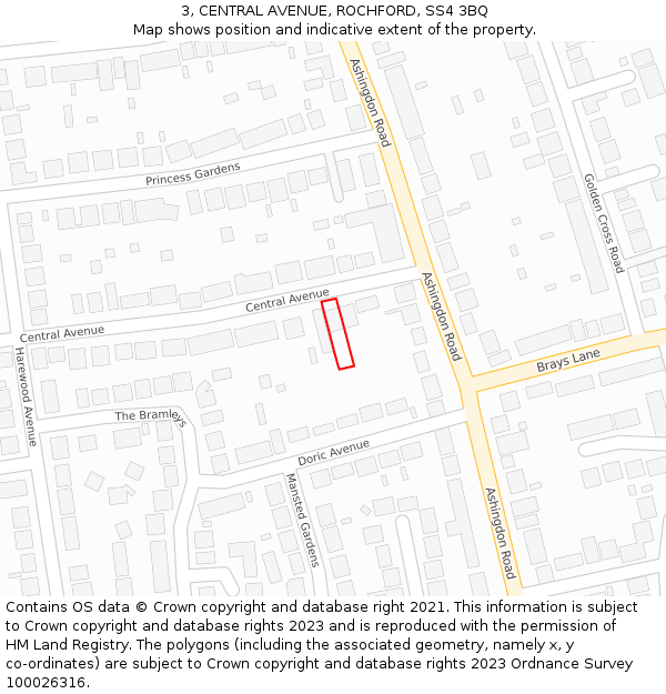 3, CENTRAL AVENUE, ROCHFORD, SS4 3BQ: Location map and indicative extent of plot