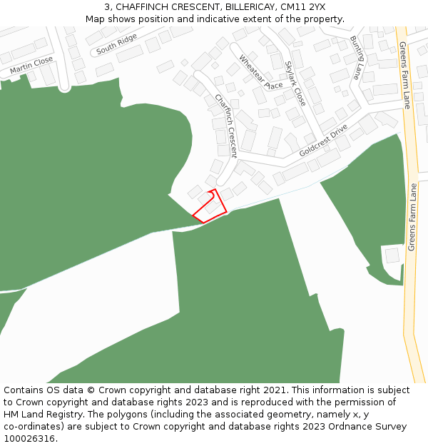 3, CHAFFINCH CRESCENT, BILLERICAY, CM11 2YX: Location map and indicative extent of plot