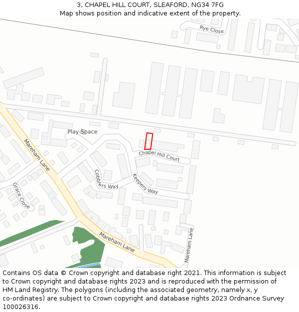 3, CHAPEL HILL COURT, SLEAFORD, NG34 7FG: Location map and indicative extent of plot