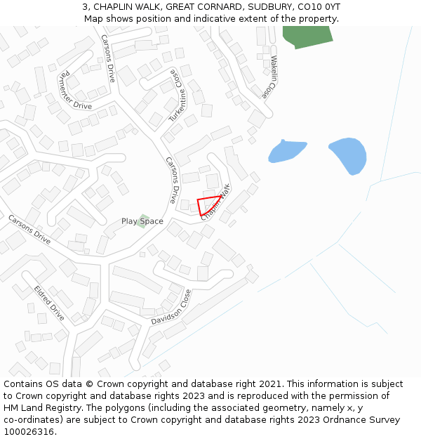 3, CHAPLIN WALK, GREAT CORNARD, SUDBURY, CO10 0YT: Location map and indicative extent of plot