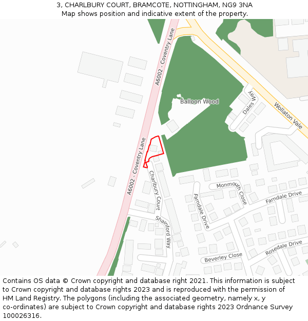 3, CHARLBURY COURT, BRAMCOTE, NOTTINGHAM, NG9 3NA: Location map and indicative extent of plot
