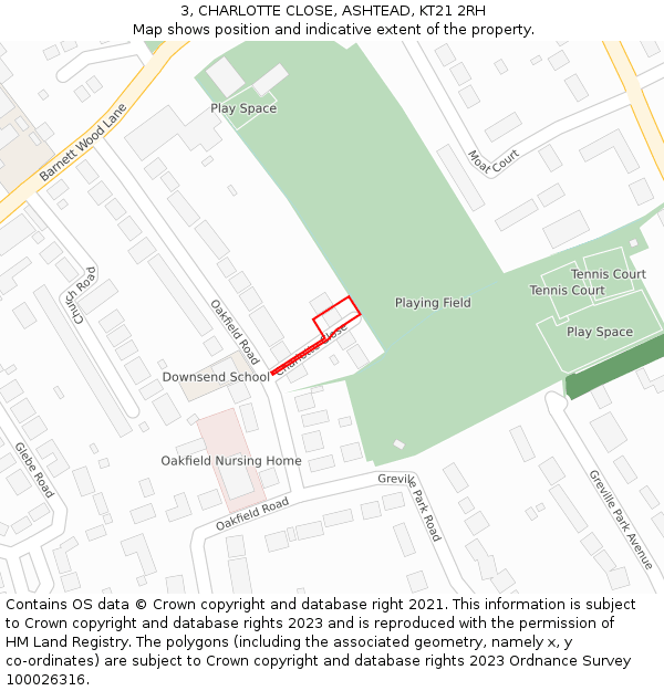 3, CHARLOTTE CLOSE, ASHTEAD, KT21 2RH: Location map and indicative extent of plot
