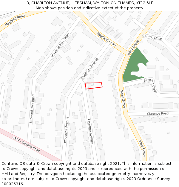 3, CHARLTON AVENUE, HERSHAM, WALTON-ON-THAMES, KT12 5LF: Location map and indicative extent of plot