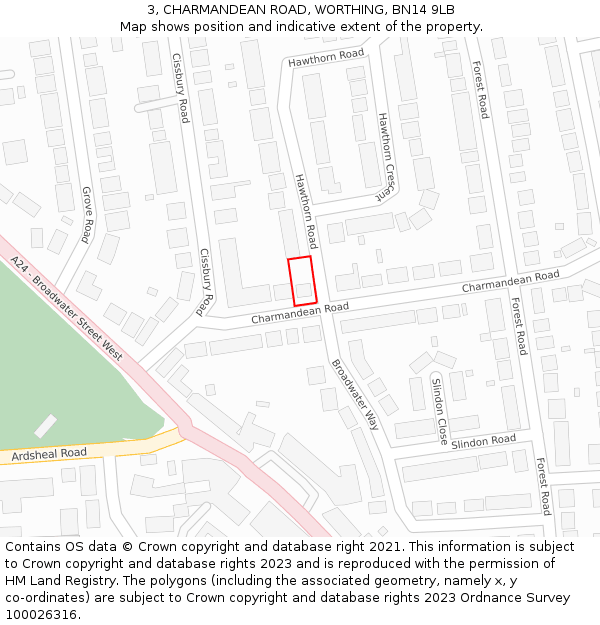 3, CHARMANDEAN ROAD, WORTHING, BN14 9LB: Location map and indicative extent of plot