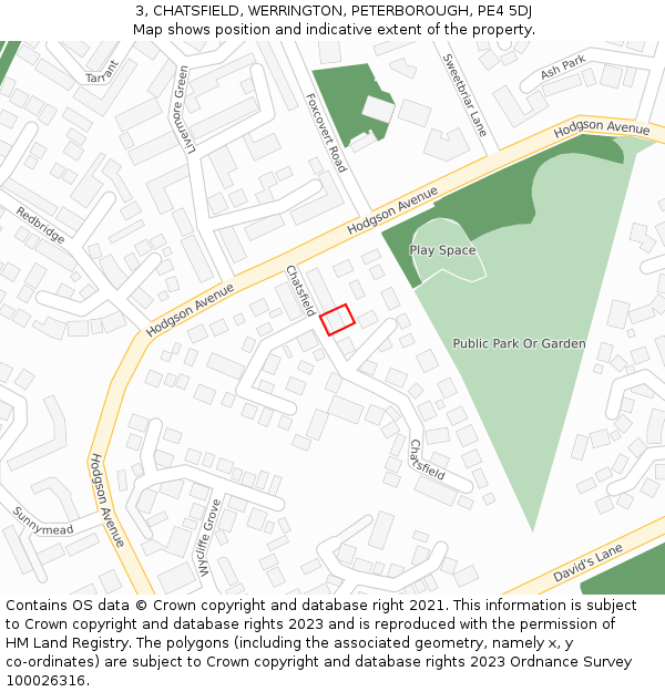 3, CHATSFIELD, WERRINGTON, PETERBOROUGH, PE4 5DJ: Location map and indicative extent of plot