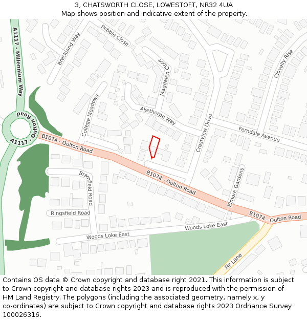 3, CHATSWORTH CLOSE, LOWESTOFT, NR32 4UA: Location map and indicative extent of plot