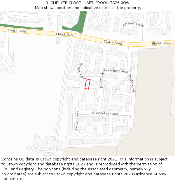 3, CHELKER CLOSE, HARTLEPOOL, TS26 0QW: Location map and indicative extent of plot