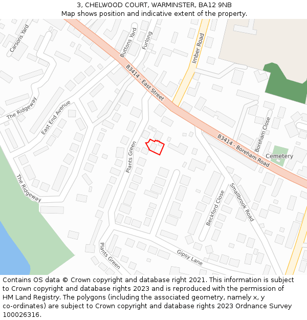 3, CHELWOOD COURT, WARMINSTER, BA12 9NB: Location map and indicative extent of plot
