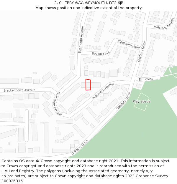 3, CHERRY WAY, WEYMOUTH, DT3 6JR: Location map and indicative extent of plot