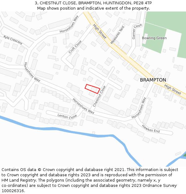 3, CHESTNUT CLOSE, BRAMPTON, HUNTINGDON, PE28 4TP: Location map and indicative extent of plot