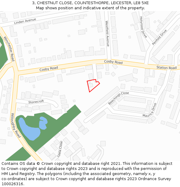 3, CHESTNUT CLOSE, COUNTESTHORPE, LEICESTER, LE8 5XE: Location map and indicative extent of plot