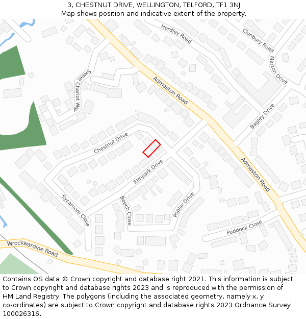 3, CHESTNUT DRIVE, WELLINGTON, TELFORD, TF1 3NJ: Location map and indicative extent of plot