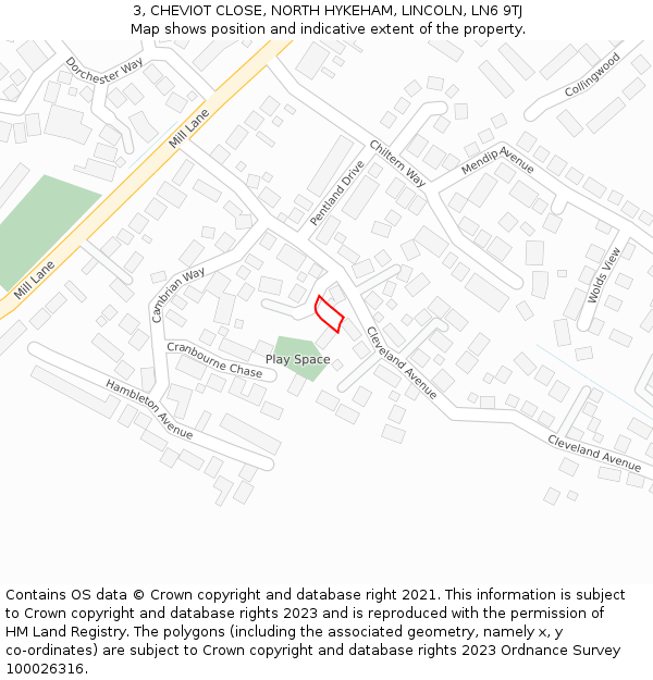 3, CHEVIOT CLOSE, NORTH HYKEHAM, LINCOLN, LN6 9TJ: Location map and indicative extent of plot