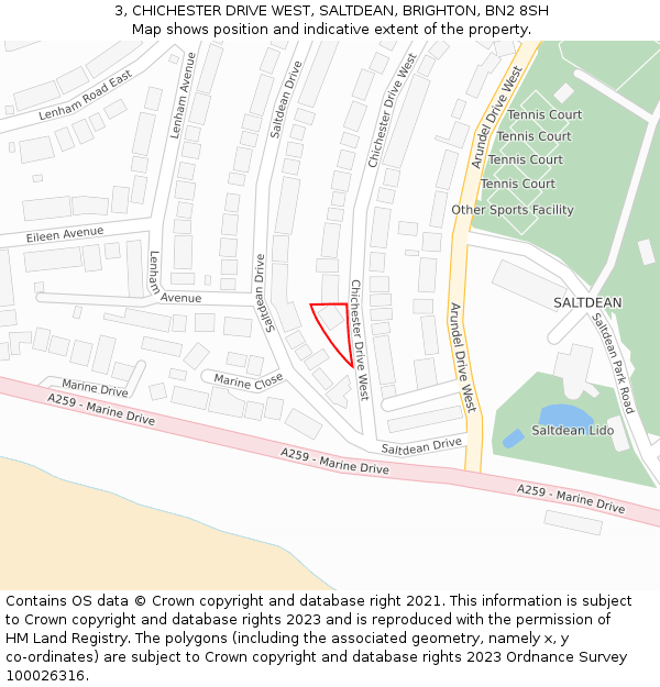 3, CHICHESTER DRIVE WEST, SALTDEAN, BRIGHTON, BN2 8SH: Location map and indicative extent of plot