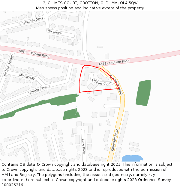 3, CHIMES COURT, GROTTON, OLDHAM, OL4 5QW: Location map and indicative extent of plot