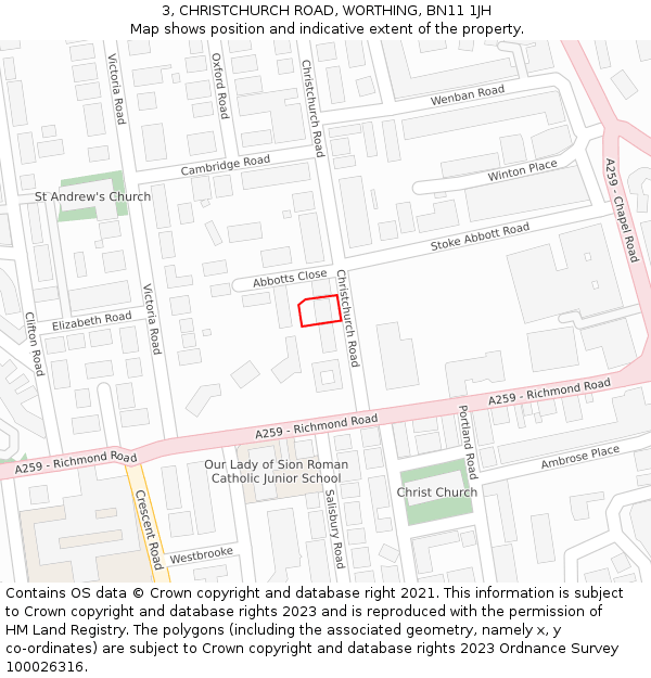 3, CHRISTCHURCH ROAD, WORTHING, BN11 1JH: Location map and indicative extent of plot