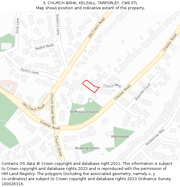 3, CHURCH BANK, KELSALL, TARPORLEY, CW6 0TL: Location map and indicative extent of plot