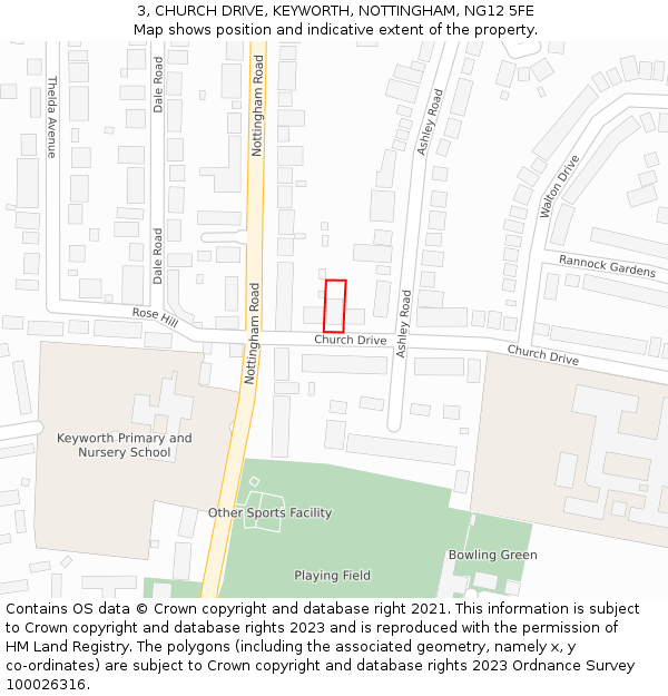 3, CHURCH DRIVE, KEYWORTH, NOTTINGHAM, NG12 5FE: Location map and indicative extent of plot