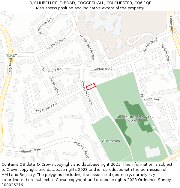 3, CHURCH FIELD ROAD, COGGESHALL, COLCHESTER, CO6 1QE: Location map and indicative extent of plot