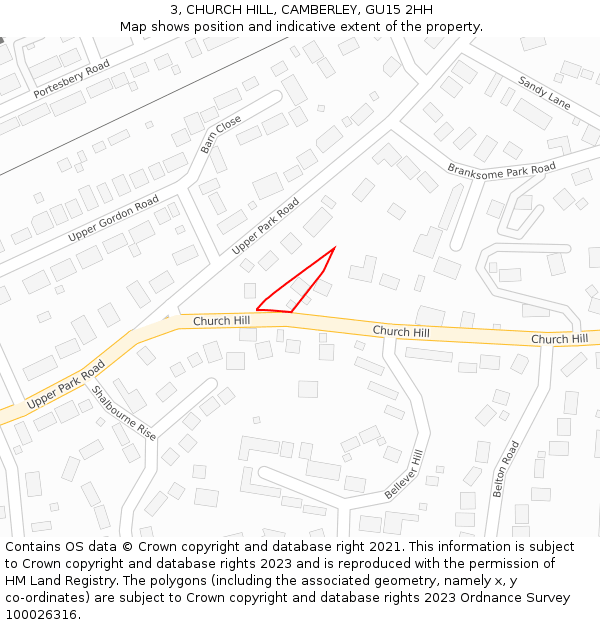 3, CHURCH HILL, CAMBERLEY, GU15 2HH: Location map and indicative extent of plot