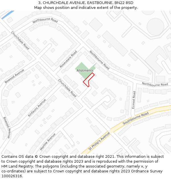 3, CHURCHDALE AVENUE, EASTBOURNE, BN22 8SD: Location map and indicative extent of plot