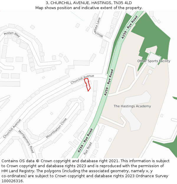 3, CHURCHILL AVENUE, HASTINGS, TN35 4LD: Location map and indicative extent of plot