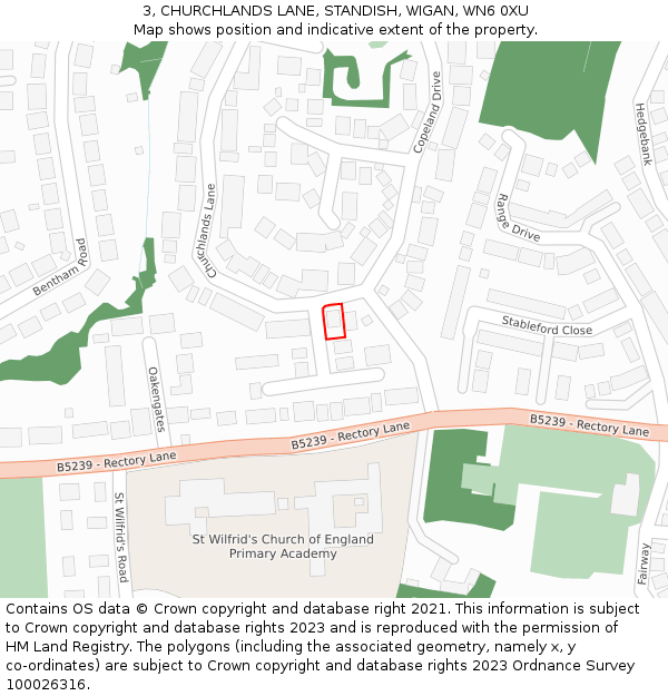 3, CHURCHLANDS LANE, STANDISH, WIGAN, WN6 0XU: Location map and indicative extent of plot