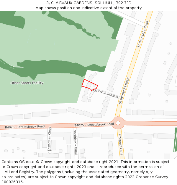 3, CLAIRVAUX GARDENS, SOLIHULL, B92 7FD: Location map and indicative extent of plot