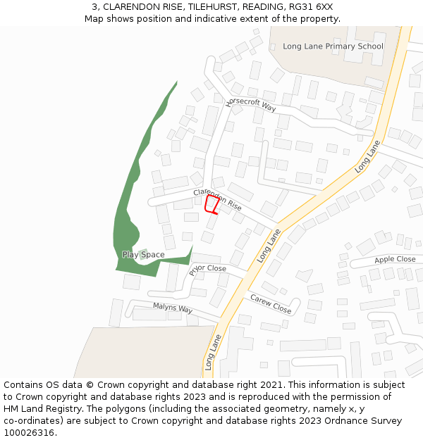 3, CLARENDON RISE, TILEHURST, READING, RG31 6XX: Location map and indicative extent of plot