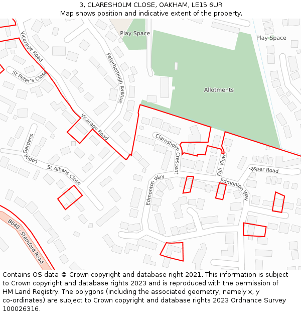 3, CLARESHOLM CLOSE, OAKHAM, LE15 6UR: Location map and indicative extent of plot