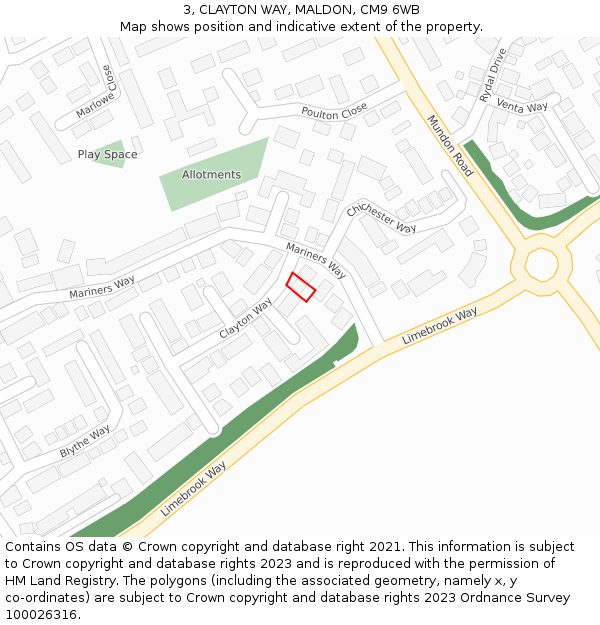 3, CLAYTON WAY, MALDON, CM9 6WB: Location map and indicative extent of plot