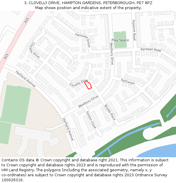 3, CLOVELLY DRIVE, HAMPTON GARDENS, PETERBOROUGH, PE7 8PZ: Location map and indicative extent of plot
