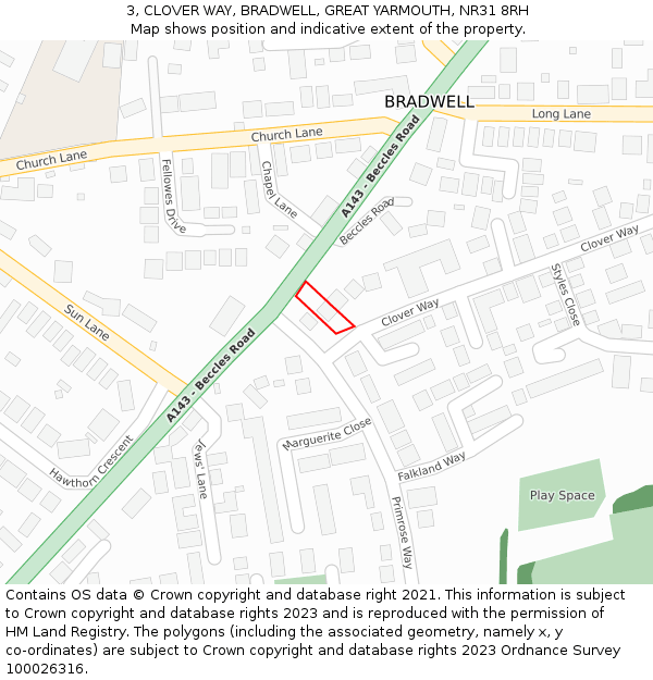 3, CLOVER WAY, BRADWELL, GREAT YARMOUTH, NR31 8RH: Location map and indicative extent of plot