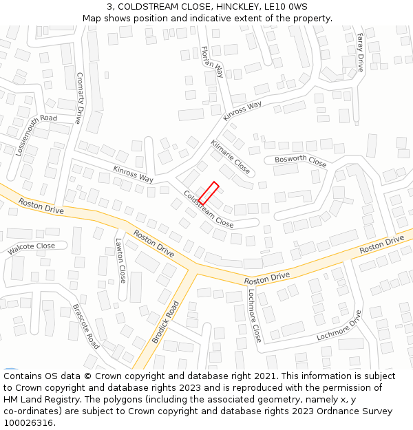 3, COLDSTREAM CLOSE, HINCKLEY, LE10 0WS: Location map and indicative extent of plot