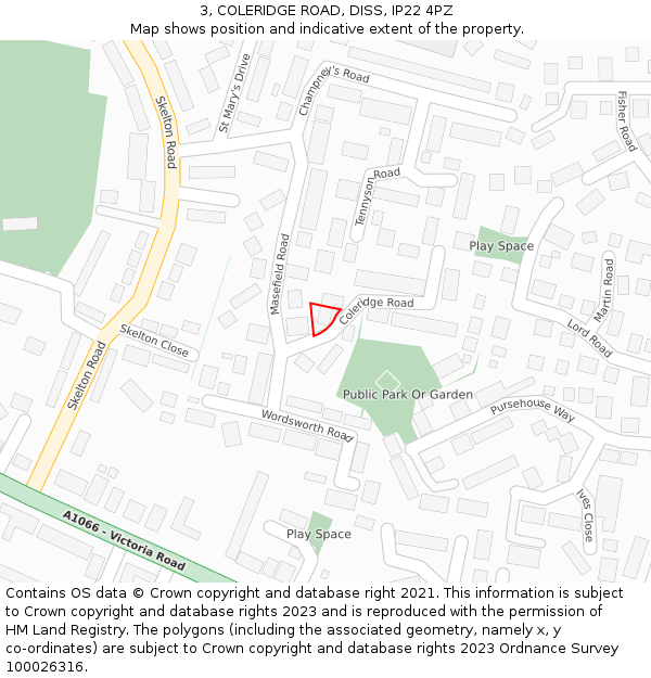 3, COLERIDGE ROAD, DISS, IP22 4PZ: Location map and indicative extent of plot