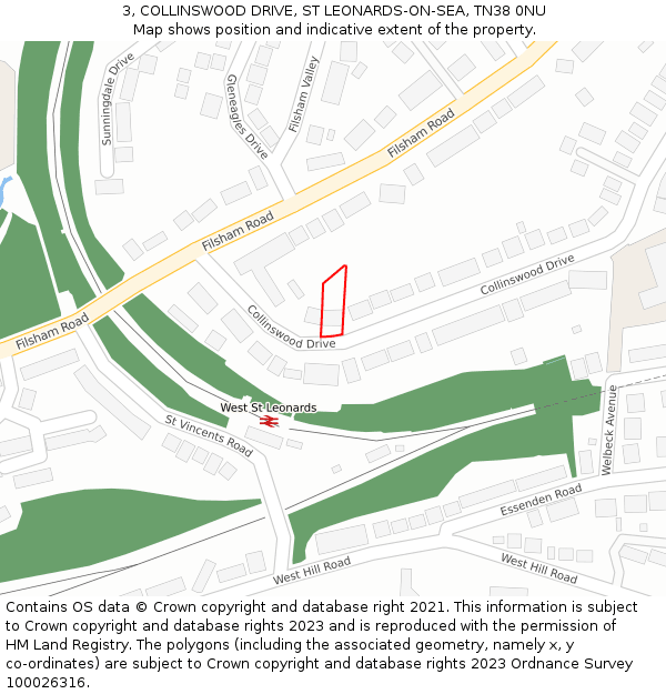 3, COLLINSWOOD DRIVE, ST LEONARDS-ON-SEA, TN38 0NU: Location map and indicative extent of plot