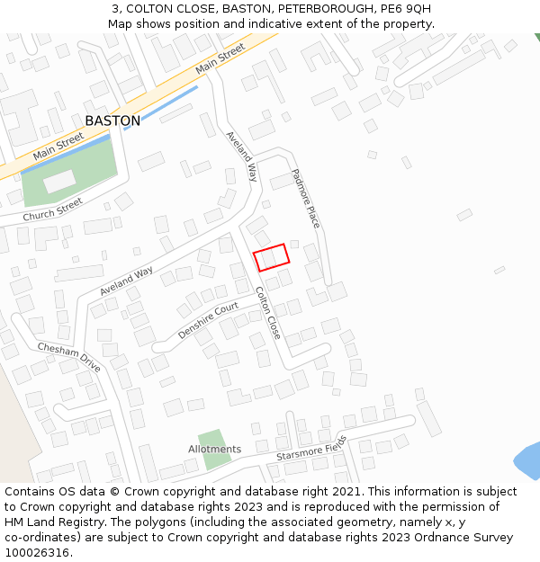 3, COLTON CLOSE, BASTON, PETERBOROUGH, PE6 9QH: Location map and indicative extent of plot