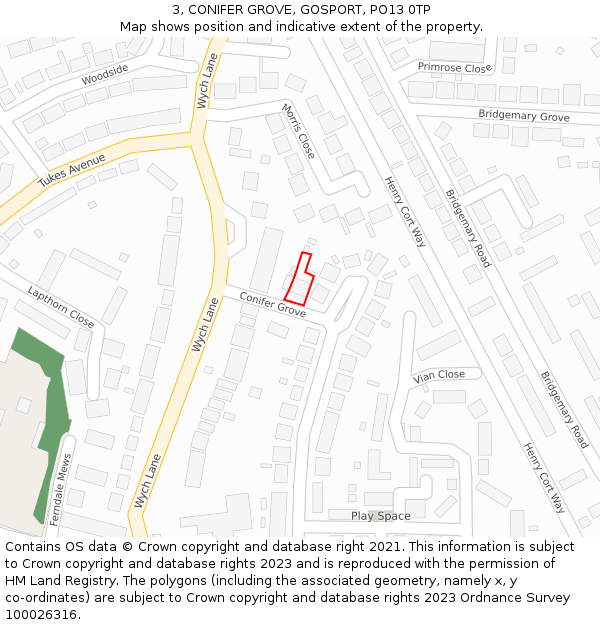 3, CONIFER GROVE, GOSPORT, PO13 0TP: Location map and indicative extent of plot