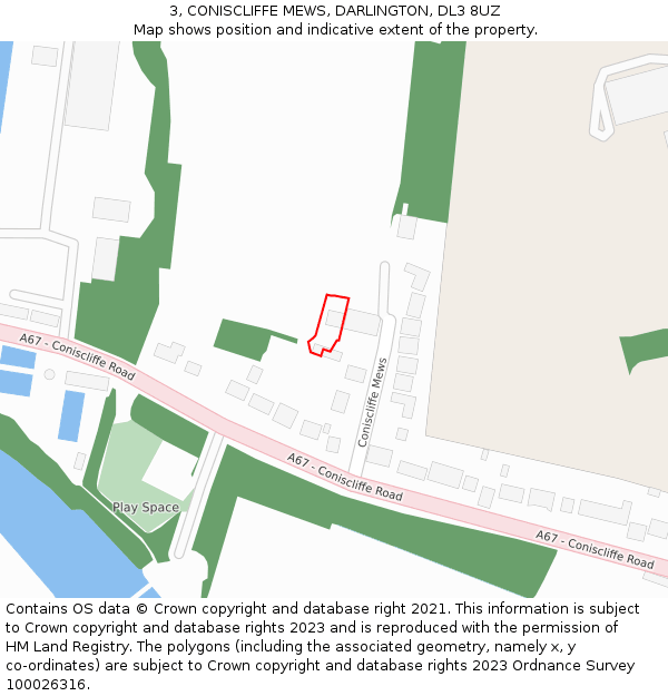 3, CONISCLIFFE MEWS, DARLINGTON, DL3 8UZ: Location map and indicative extent of plot