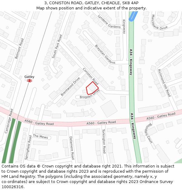 3, CONISTON ROAD, GATLEY, CHEADLE, SK8 4AP: Location map and indicative extent of plot