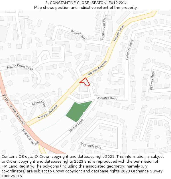 3, CONSTANTINE CLOSE, SEATON, EX12 2XU: Location map and indicative extent of plot