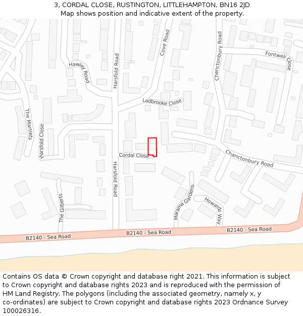 3, CORDAL CLOSE, RUSTINGTON, LITTLEHAMPTON, BN16 2JD: Location map and indicative extent of plot