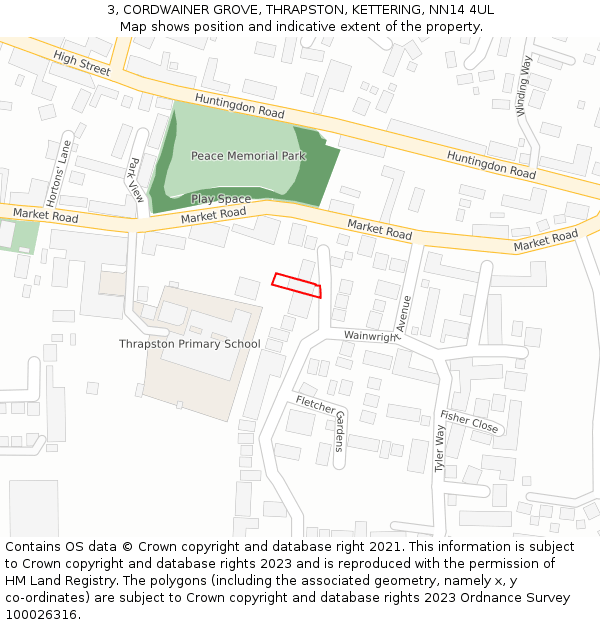 3, CORDWAINER GROVE, THRAPSTON, KETTERING, NN14 4UL: Location map and indicative extent of plot
