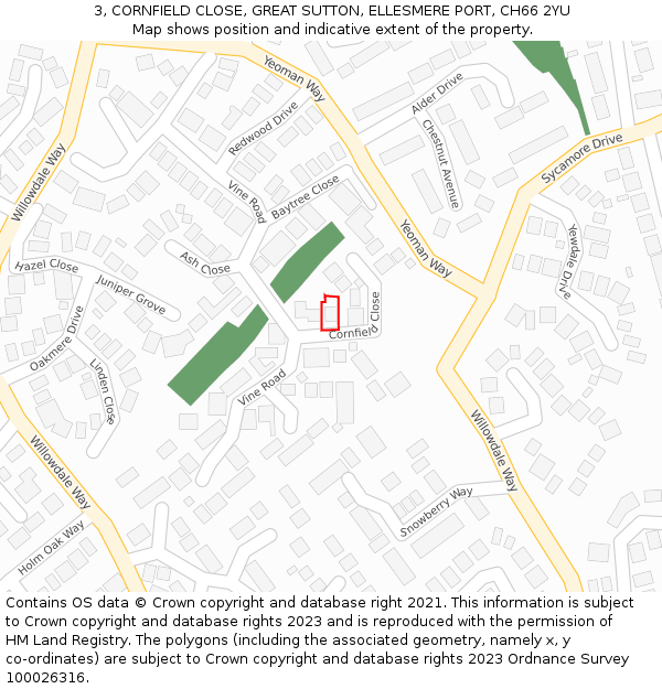 3, CORNFIELD CLOSE, GREAT SUTTON, ELLESMERE PORT, CH66 2YU: Location map and indicative extent of plot