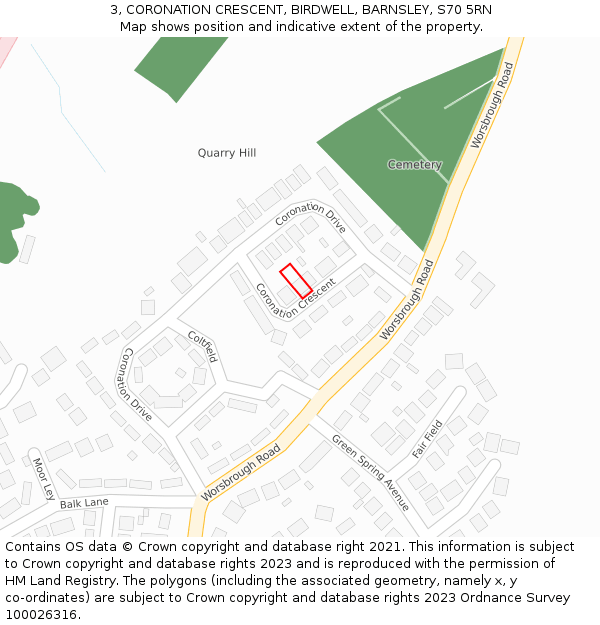 3, CORONATION CRESCENT, BIRDWELL, BARNSLEY, S70 5RN: Location map and indicative extent of plot