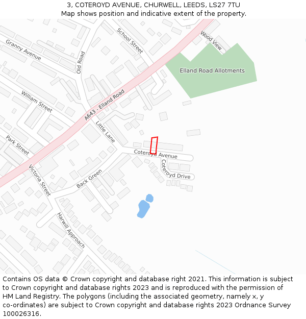 3, COTEROYD AVENUE, CHURWELL, LEEDS, LS27 7TU: Location map and indicative extent of plot