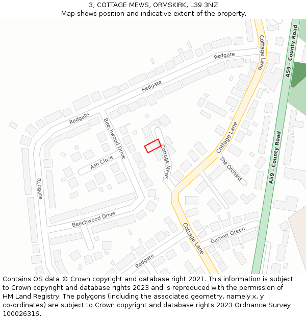 3, COTTAGE MEWS, ORMSKIRK, L39 3NZ: Location map and indicative extent of plot